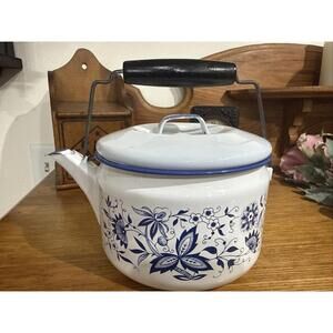 Vtg Blue Onion Danube Style Enamel Teapot Metal Bail Wood Handle French Country